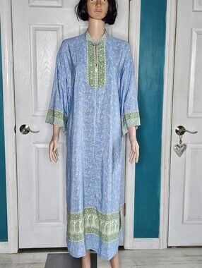 Oscar de la Renta Blue and Green Floral Kaftan Dress